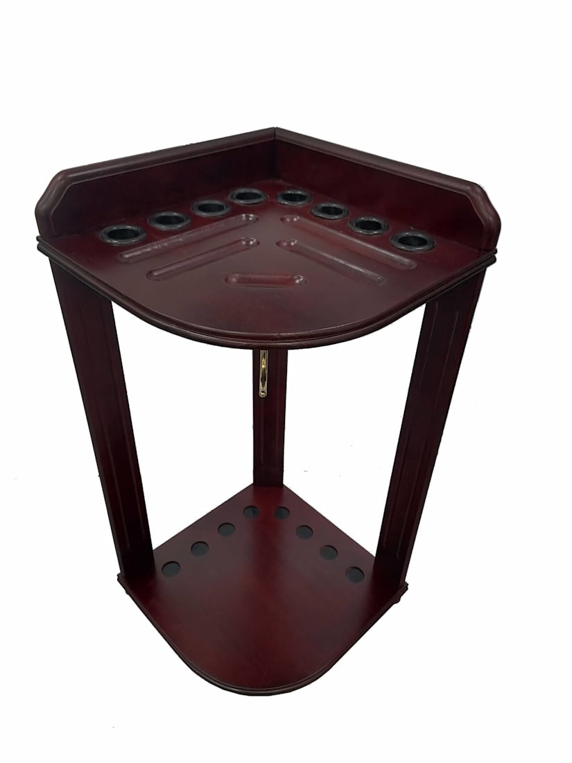 Mahogany-finish corner cue rack with eight cue openings and grooved ball storage