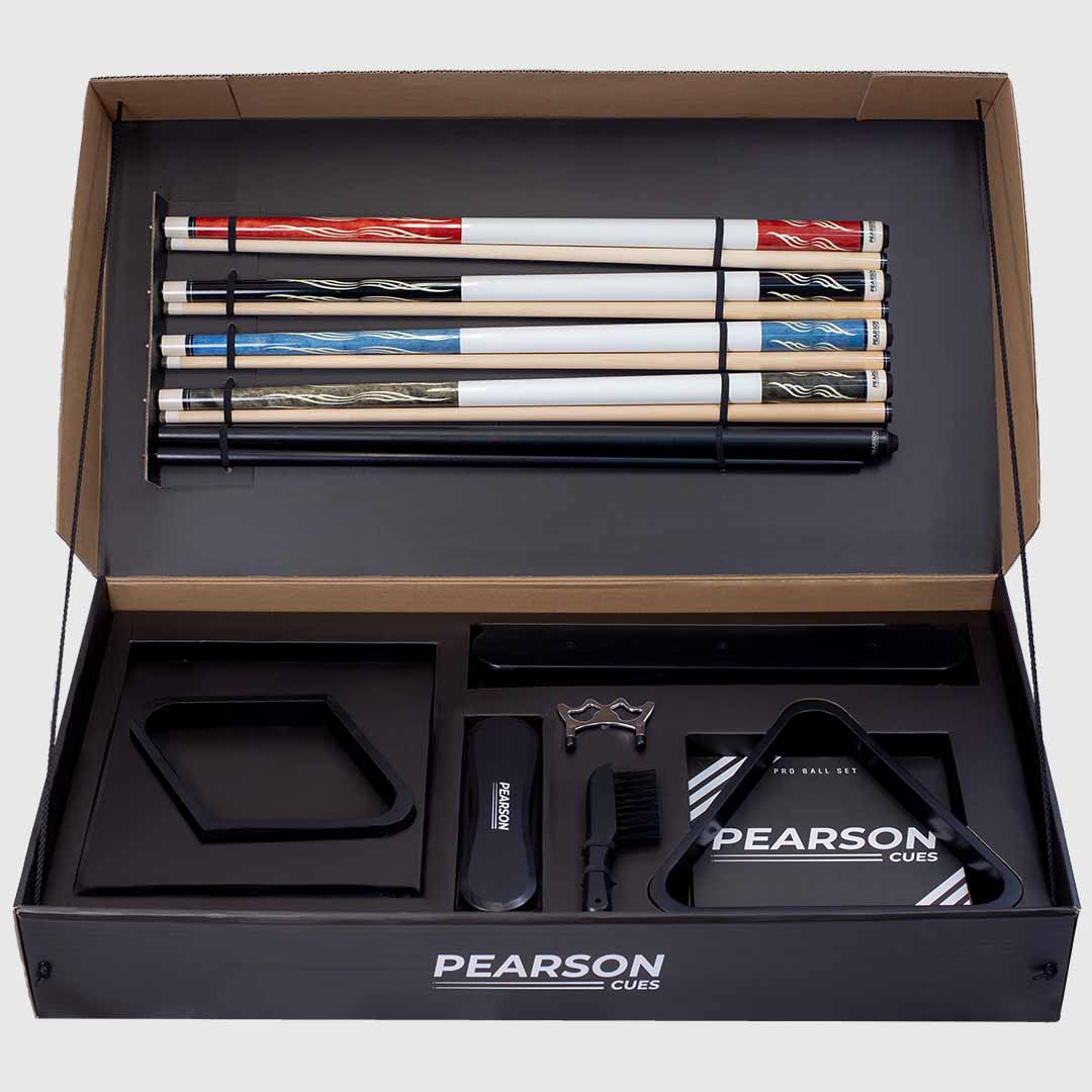 Manufacturer photo of the Pearson Diamond Play Kit in its open box with cues and accessories