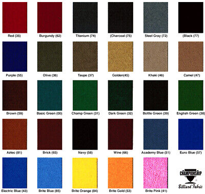 Championship color chart with labeled fabric swatches. A text list of the colors follows the image.