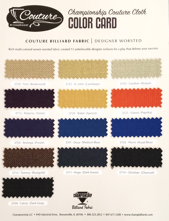 Couture color chart with labeled fabric swatches. A text list of the colors follows the image.