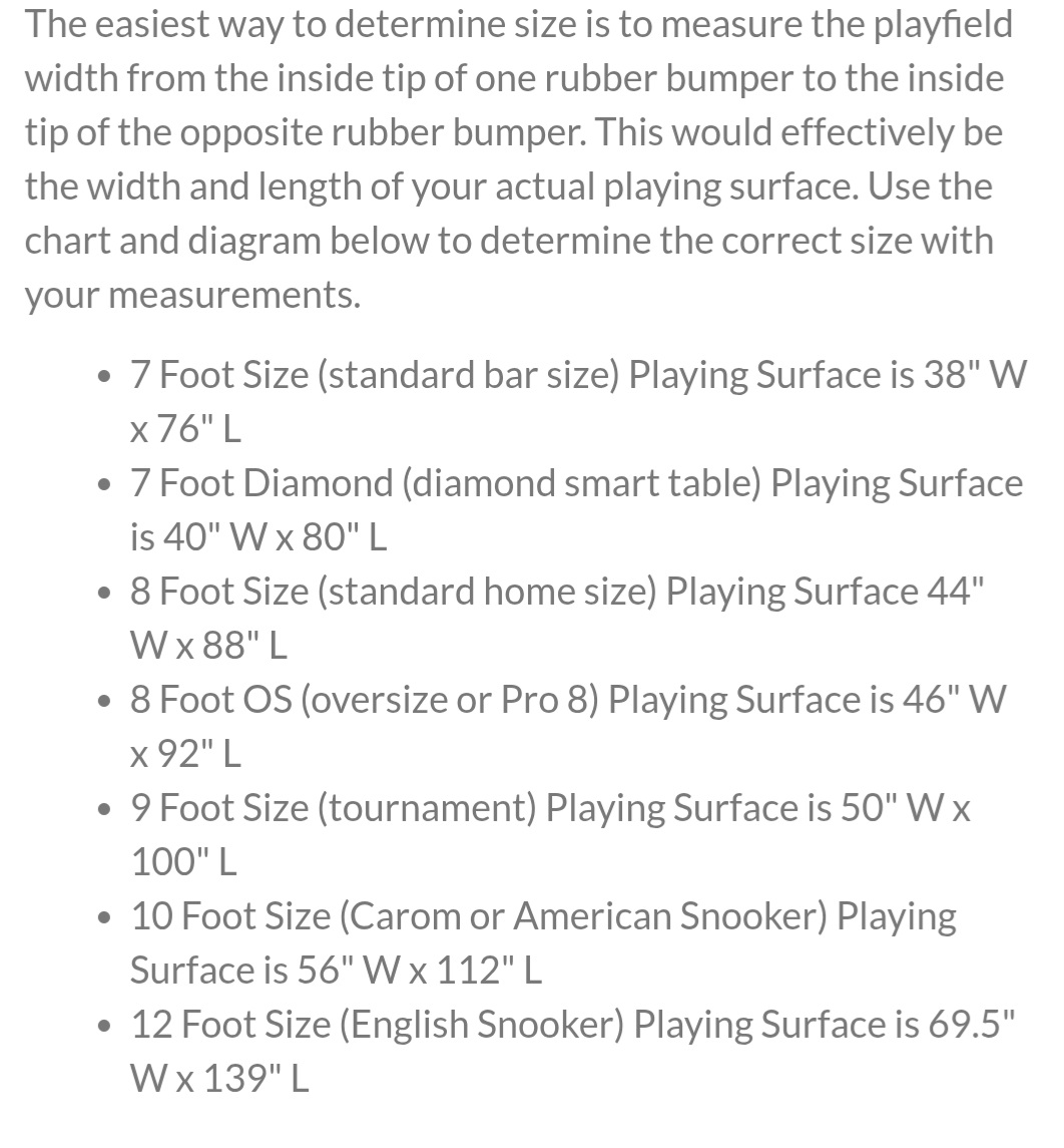 Pool table measuring reference: measure the playing surface between opposing cushion noses; table-size examples are reproduced alongside this image.