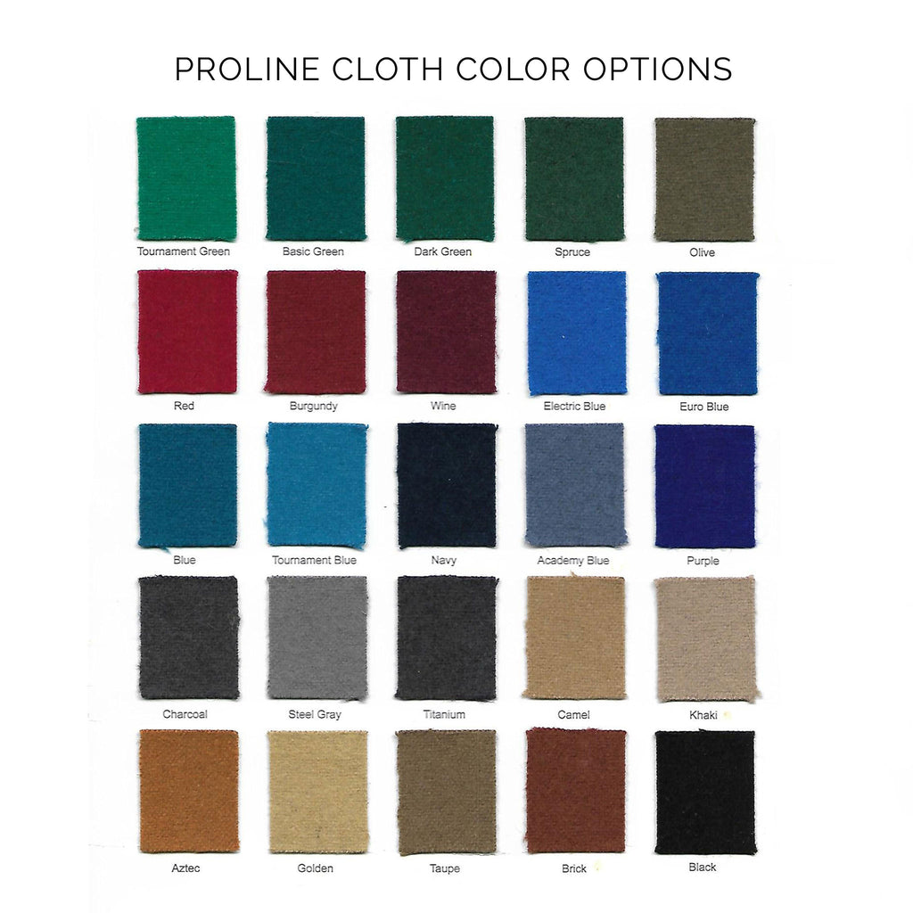 ProLine color chart with labeled fabric swatches. A text list of the colors follows the image.