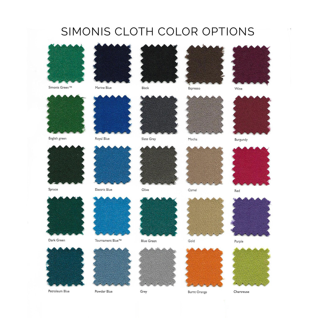Simonis color chart with labeled fabric swatches. A text list of the colors follows the image.